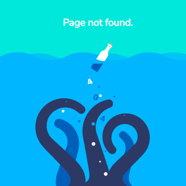 404 Not Found Page with a Moving Bottle in Bubbly Sea