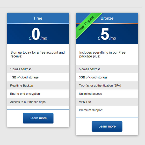 Simple Pricing Table with Blue Theme