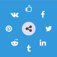 Social sharing buttons in a circle surrounding the main button with hiding effect.